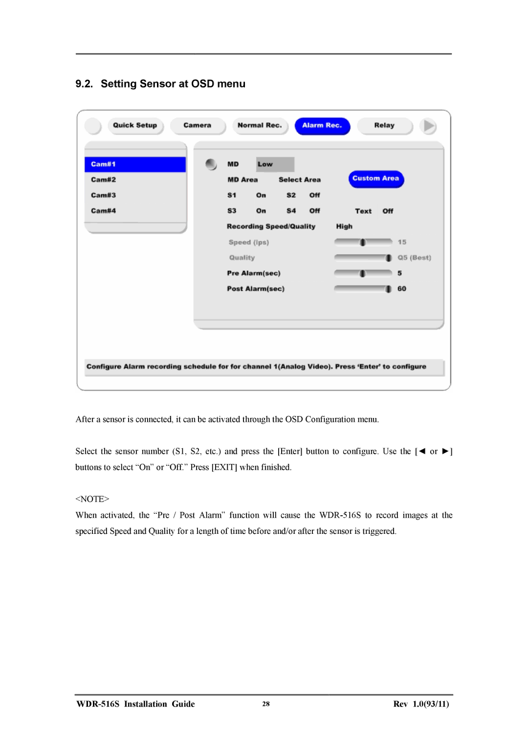 Maxtor WDR-516S manual Setting Sensor at OSD menu 