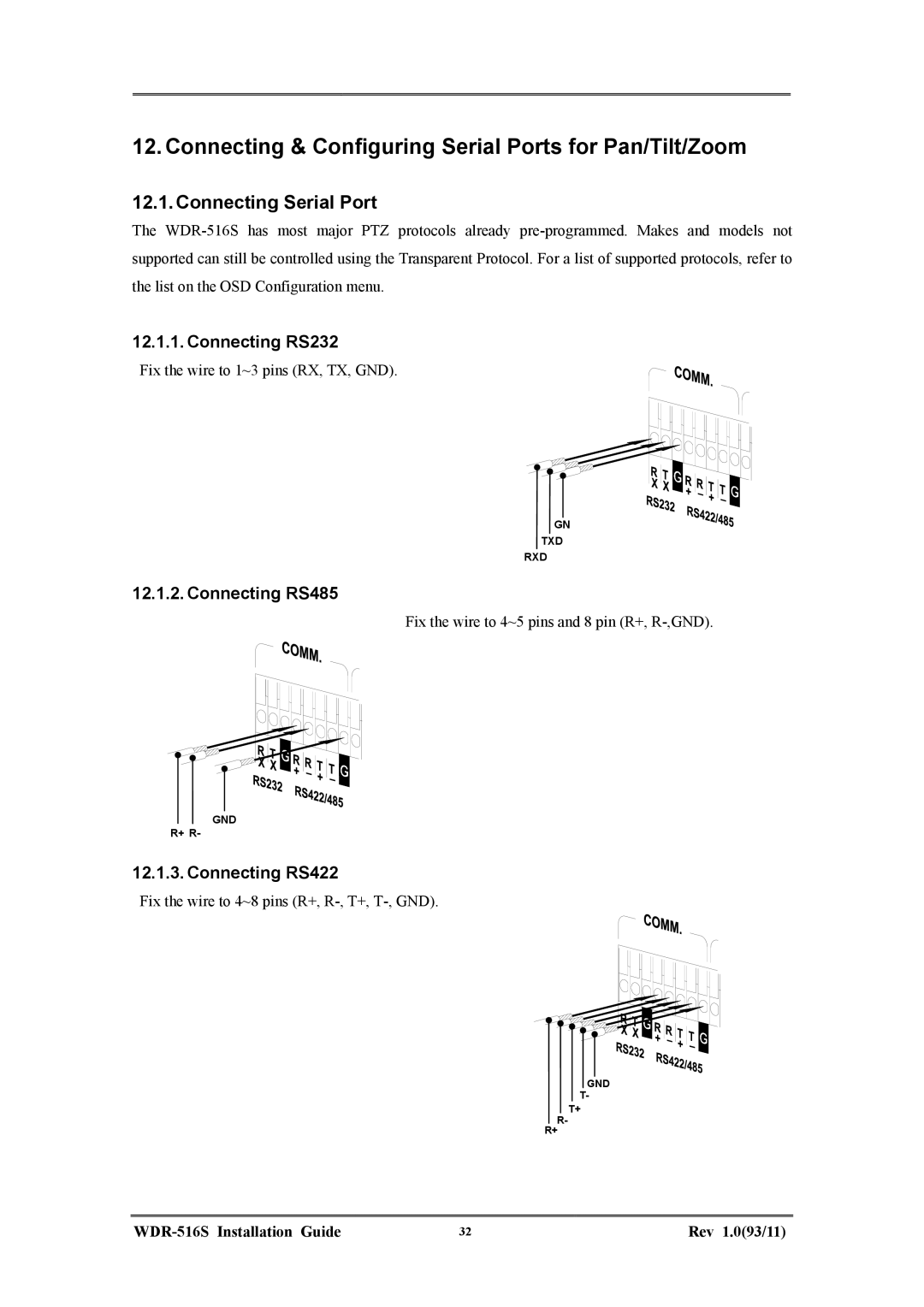 Maxtor WDR-516S manual Connecting & Configuring Serial Ports for Pan/Tilt/Zoom, Connecting Serial Port, Connecting RS232 