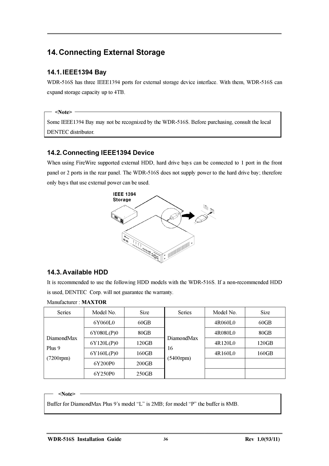 Maxtor WDR-516S manual Connecting External Storage, IEEE1394 Bay, Connecting IEEE1394 Device, Available HDD 