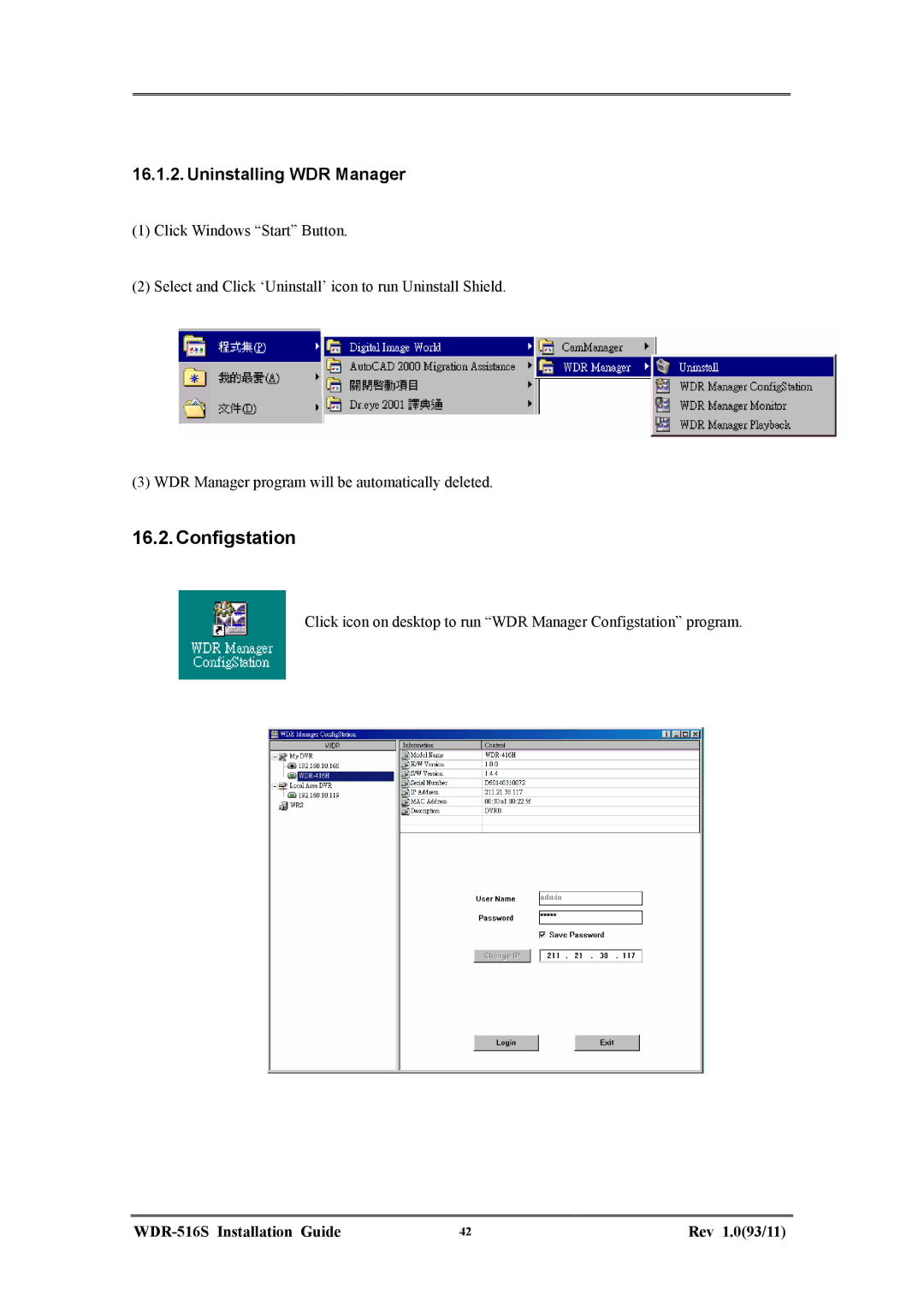 Maxtor WDR-516S manual Configstation, Uninstalling WDR Manager 