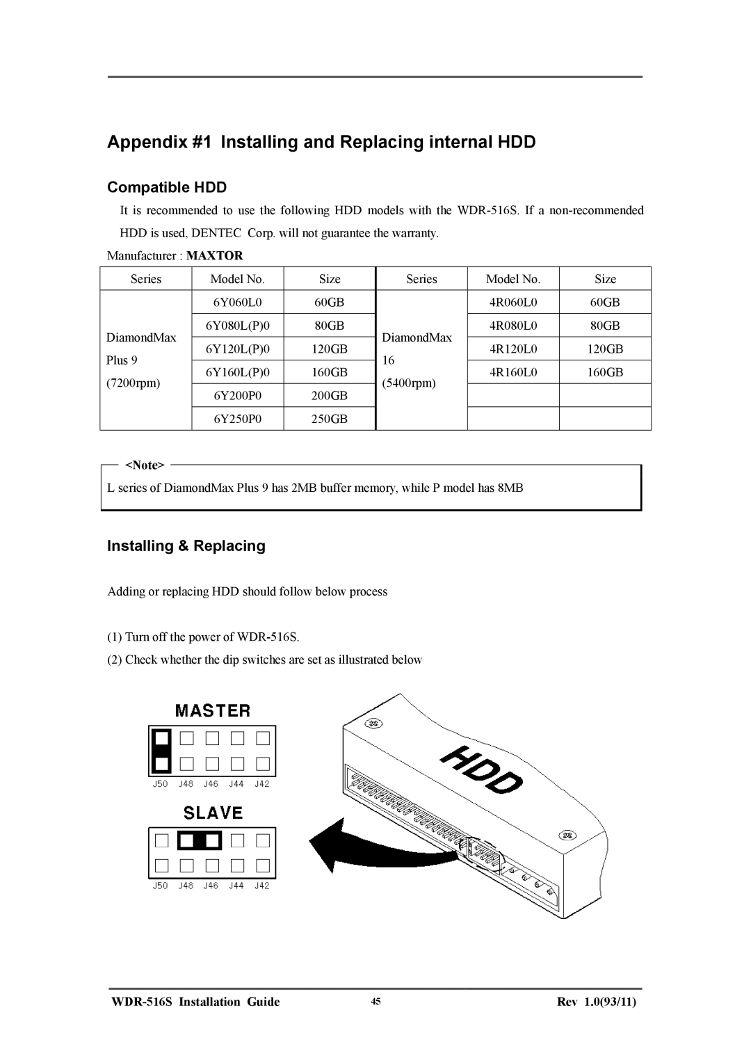 Maxtor WDR-516S manual Appendix #1 Installing and Replacing internal HDD, Compatible HDD, Installing & Replacing 