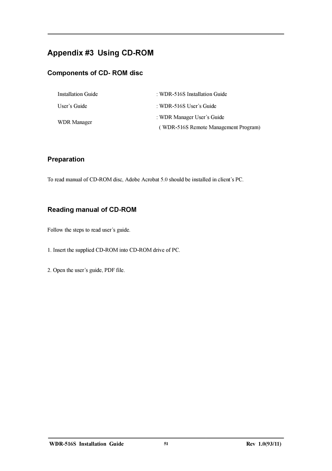 Maxtor WDR-516S Appendix #3 Using CD-ROM, Components of CD- ROM disc, Preparation, Reading manual of CD-ROM 