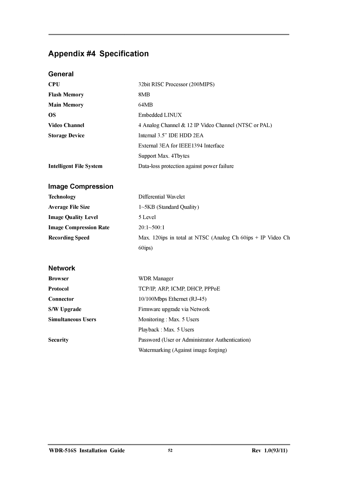 Maxtor WDR-516S manual Appendix #4 Specification, General, Image Compression, Network 