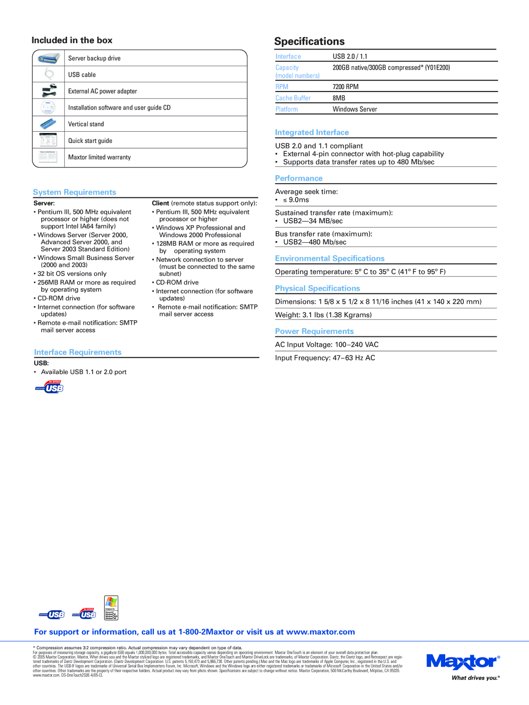 Maxtor Y01E200 System Requirements, Integrated Interface, Performance, Environmental Specifications, Power Requirements 