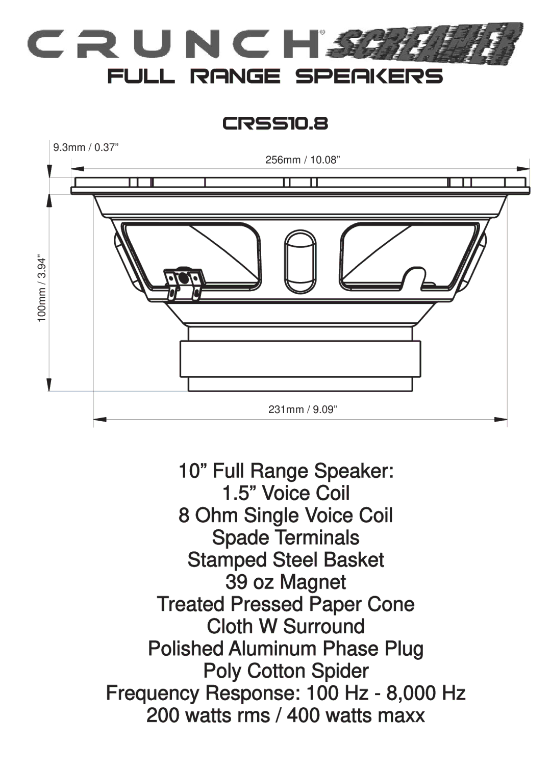 Maxxsonics CRSS10.8 manual Full range speakers 