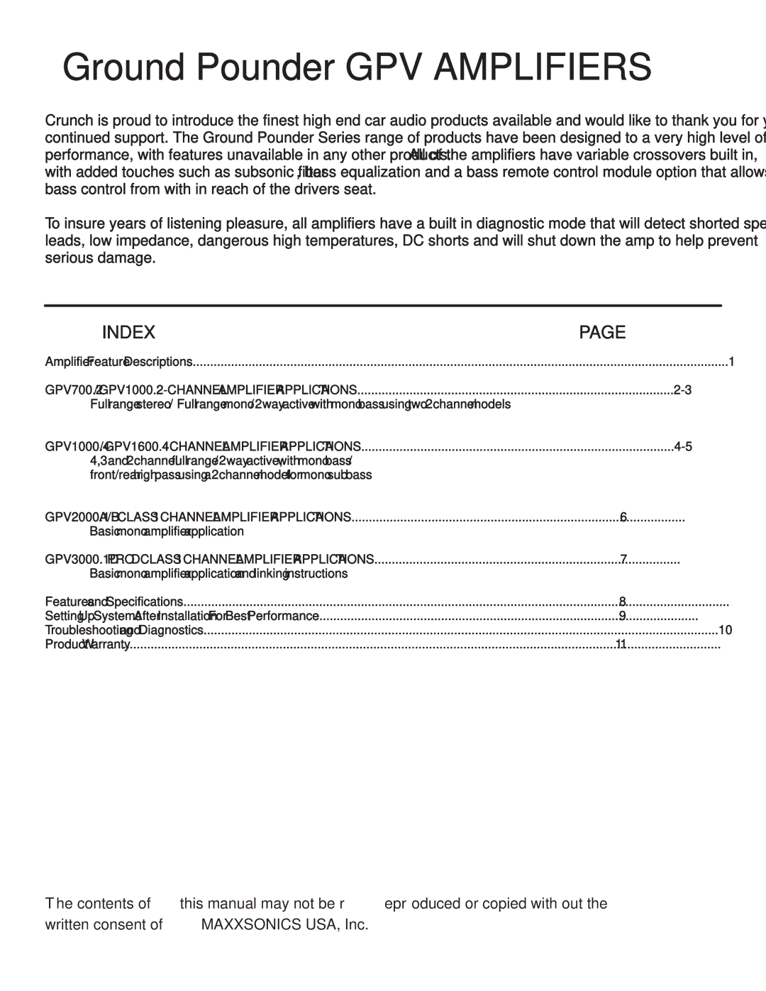 Maxxsonics GPV1000.2, GPV2000.1, GPV3000.1D PRO, GPV700.2 Index, GPV1000.4 / GPV1600.4 4 Channel Amplifier Applications 