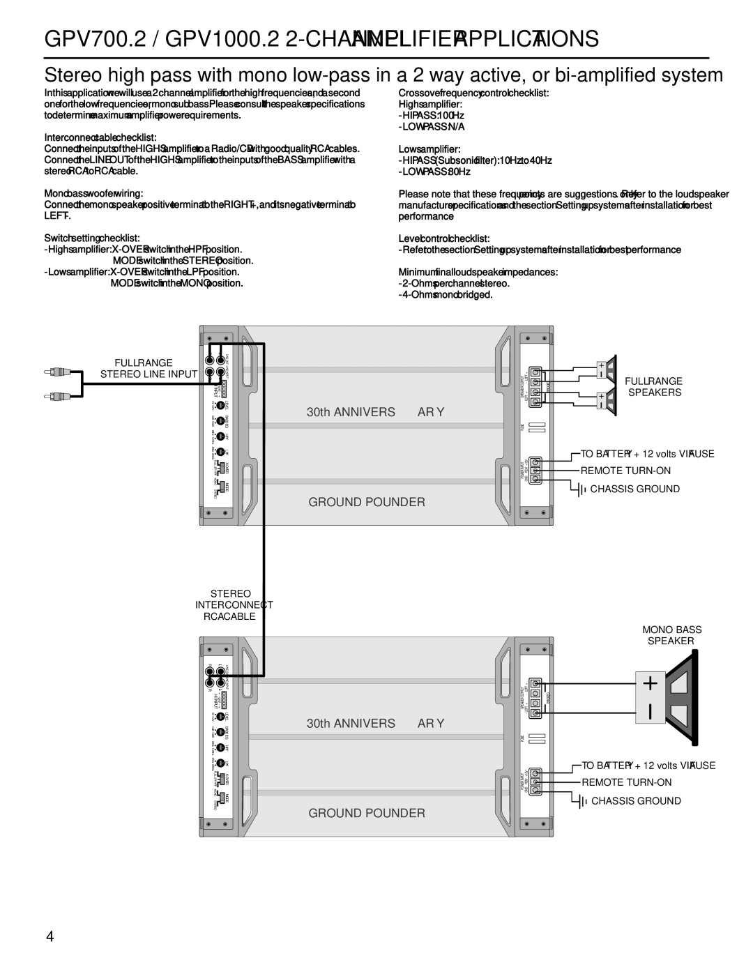 Maxxsonics manual GPV700.2 / GPV1000.2 2-CHANNEL Amplifier Applications, LOW Pass N/A, Stereo Interconnect RCA Cable 