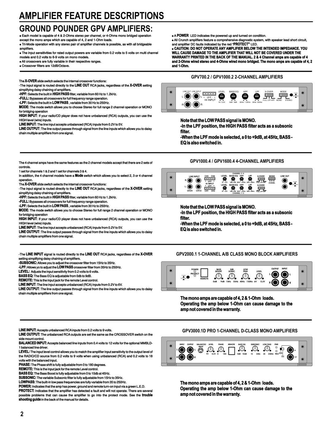 Maxxsonics GPV700.2, GPV1000.2, GPV2000.1, GPV1600.4, GPV1000.4 Amplifier Feature Descriptions, Ground Pounder Gpv Amplifiers 