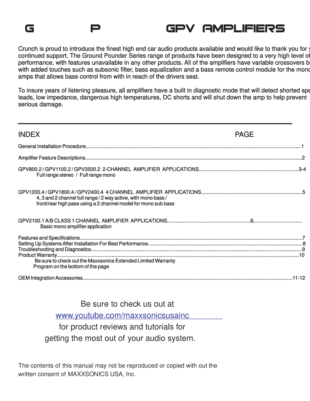 Maxxsonics GPV3500.2, GPV2400.4, GPV1100.2, GPV1200.4, GPV2100.1, GPV800.2, GPV1800.4 manual Ground Pounder GPV Amplifiers 