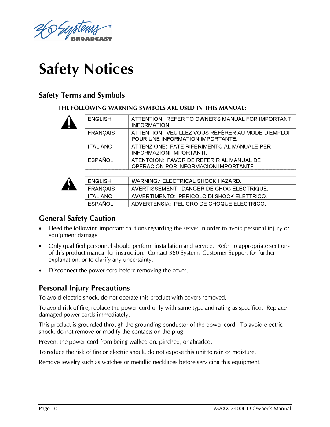 Maxxsonics MAXX-2400HD manual Safety Notices, Safety Terms and Symbols, General Safety Caution, Personal Injury Precautions 