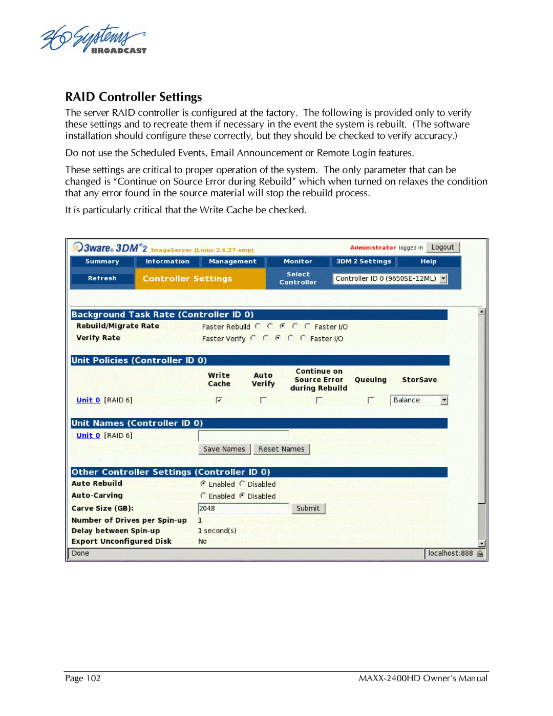 Maxxsonics MAXX-2400HD manual RAID Controller Settings 