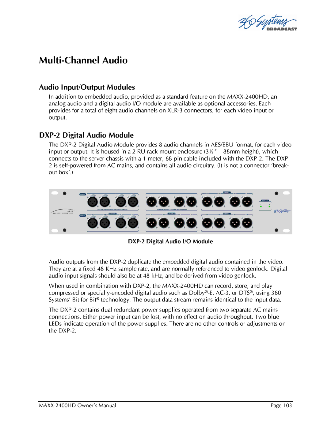 Maxxsonics MAXX-2400HD manual Multi-Channel Audio, Audio Input/Output Modules, DXP-2 Digital Audio Module 