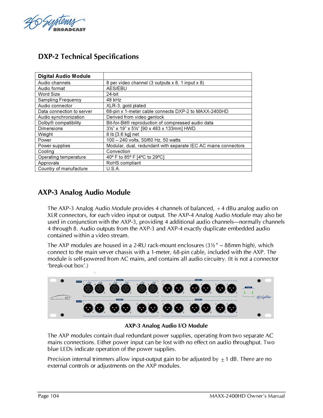 Maxxsonics MAXX-2400HD manual DXP-2 Technical Specifications, AXP-3 Analog Audio Module 