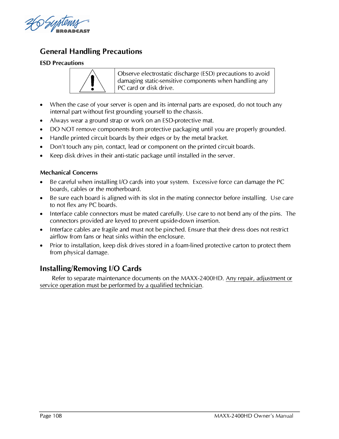 Maxxsonics MAXX-2400HD manual General Handling Precautions, Installing/Removing I/O Cards 