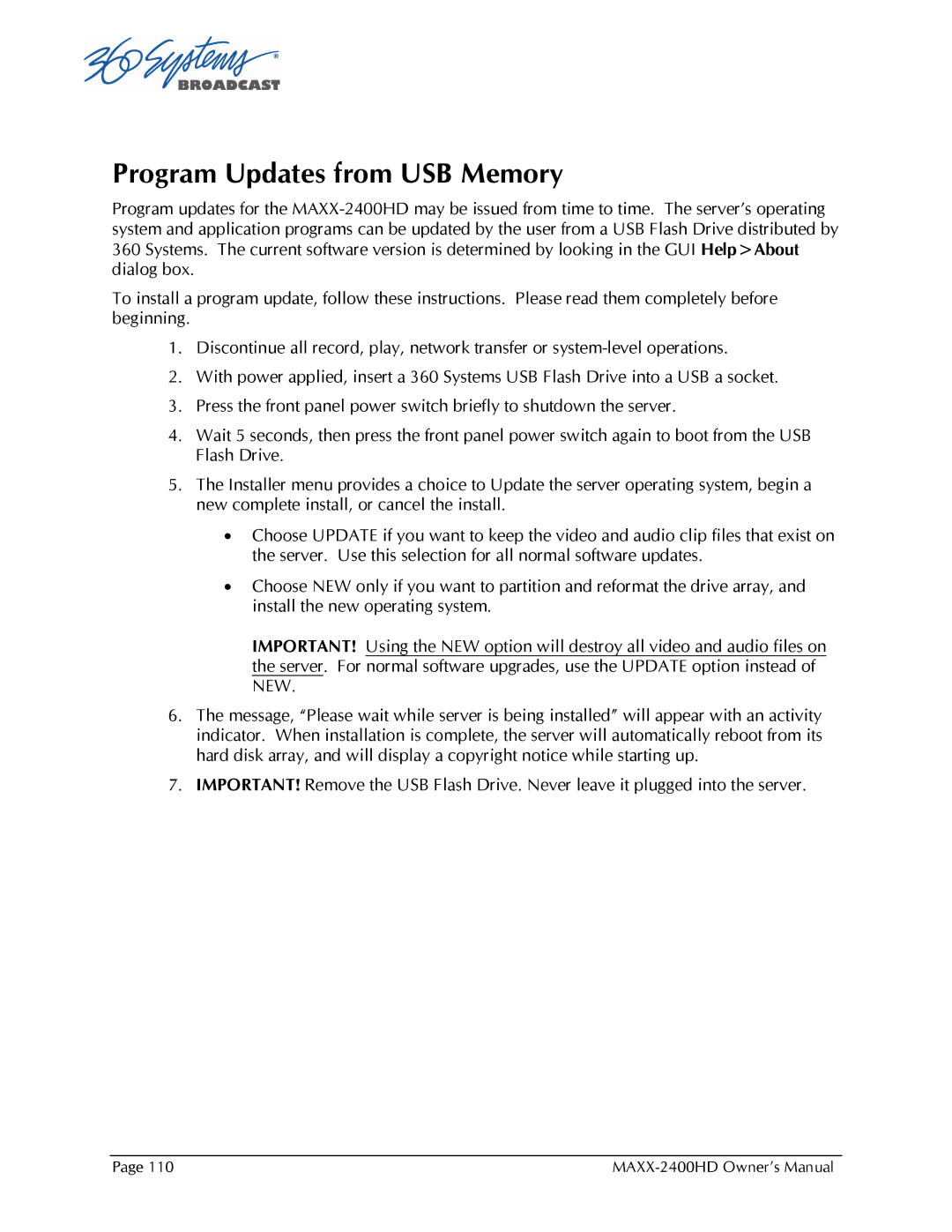 Maxxsonics MAXX-2400HD manual Program Updates from USB Memory 