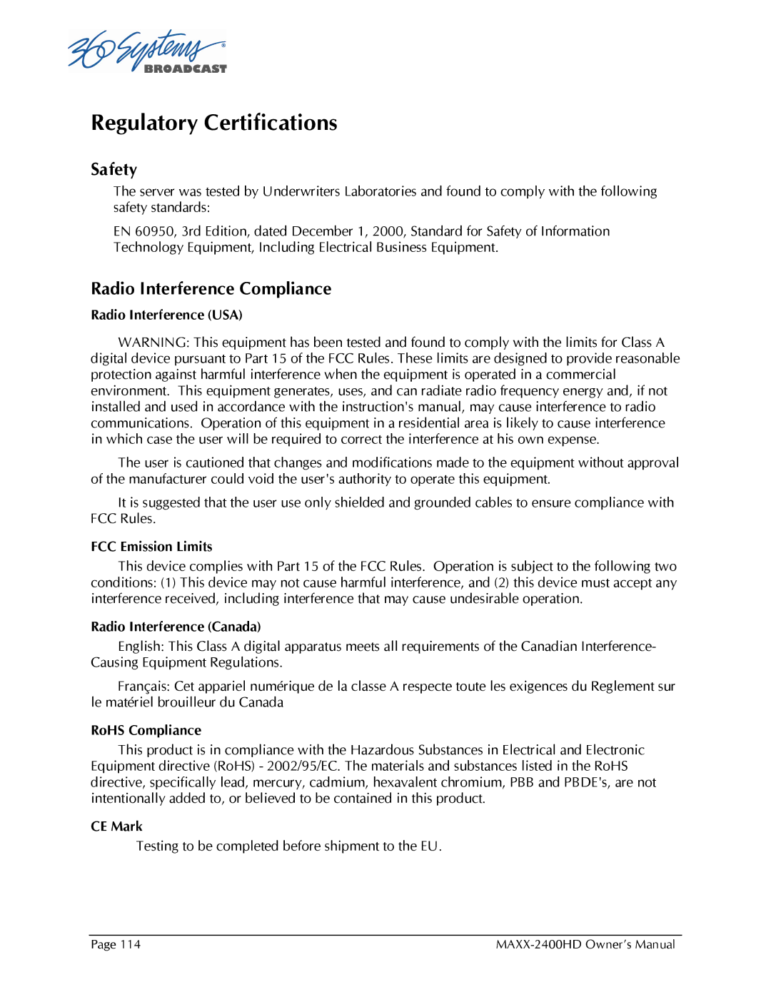 Maxxsonics MAXX-2400HD manual Regulatory Certifications, Safety, Radio Interference Compliance 