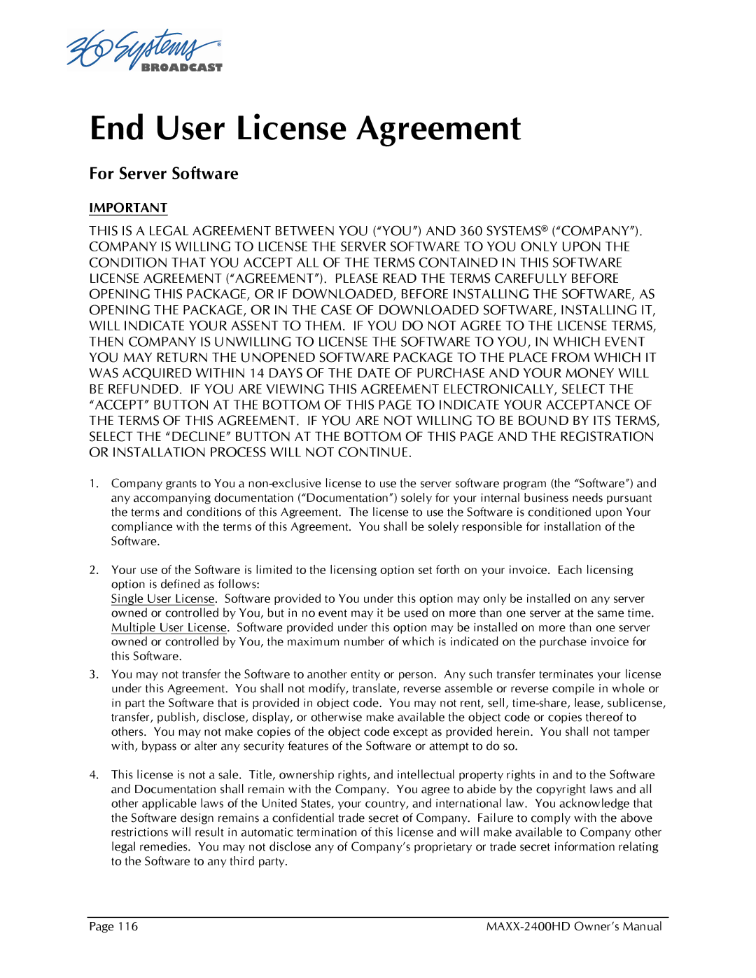 Maxxsonics MAXX-2400HD manual End User License Agreement, For Server Software 