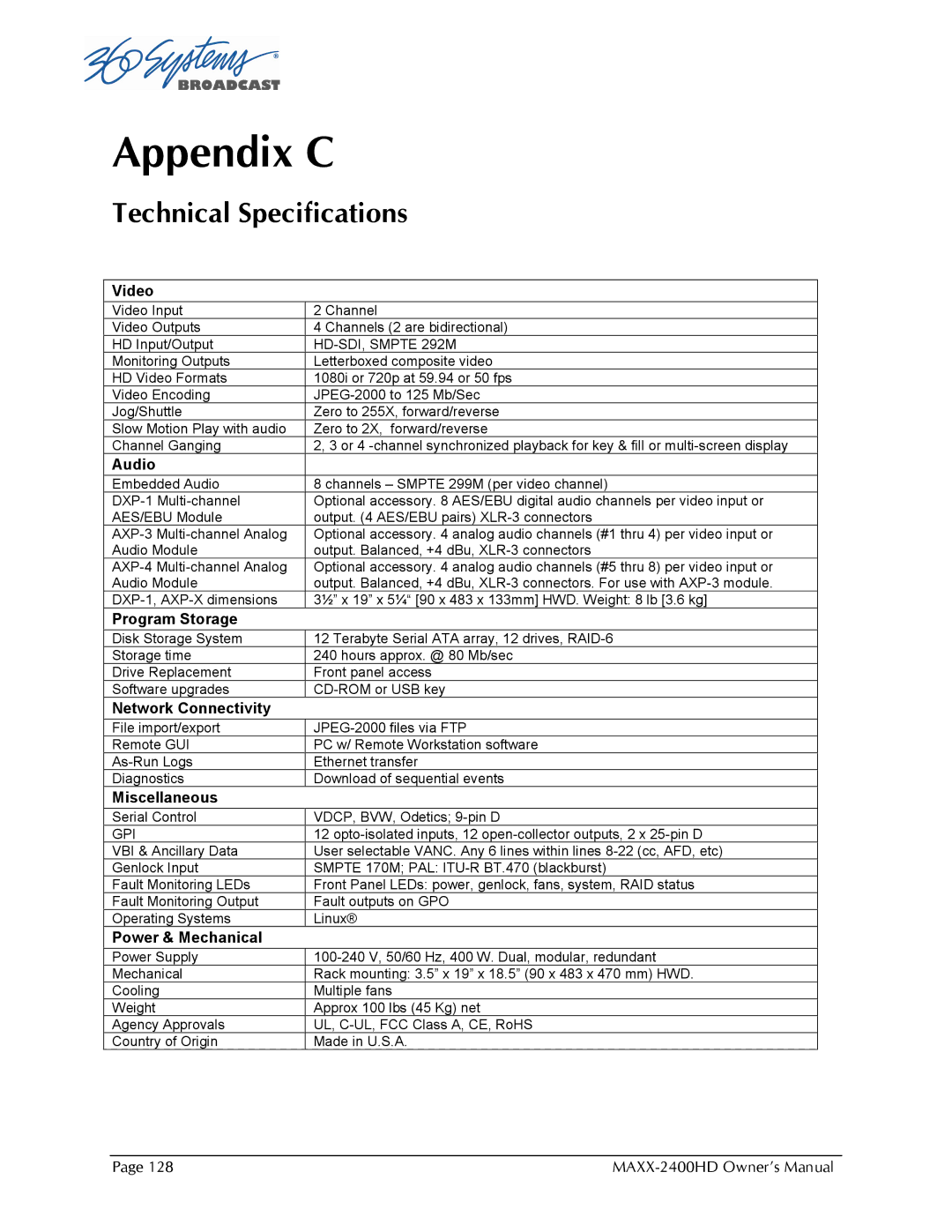 Maxxsonics MAXX-2400HD manual Appendix C, Technical Specifications 