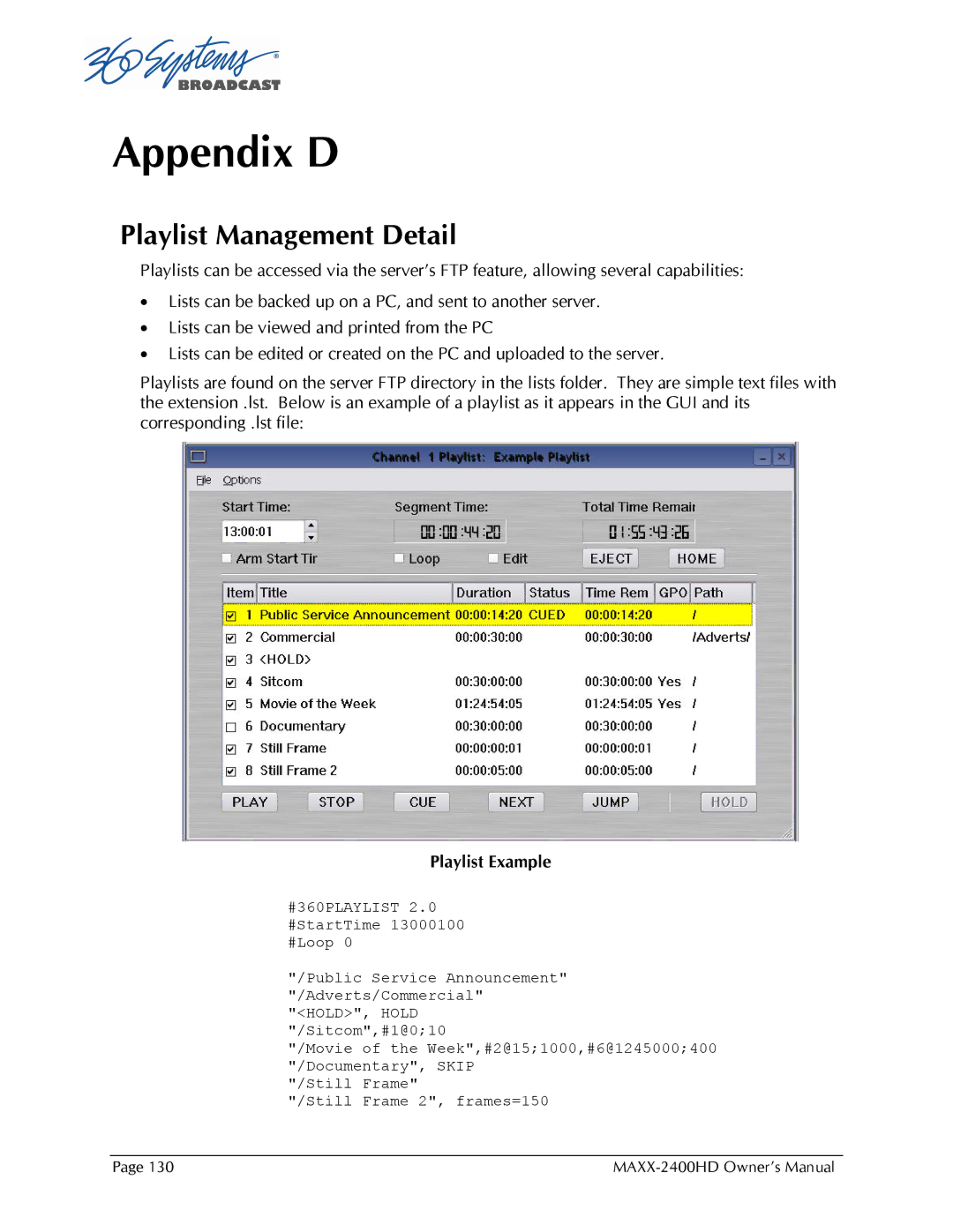 Maxxsonics MAXX-2400HD manual Appendix D, Playlist Management Detail 