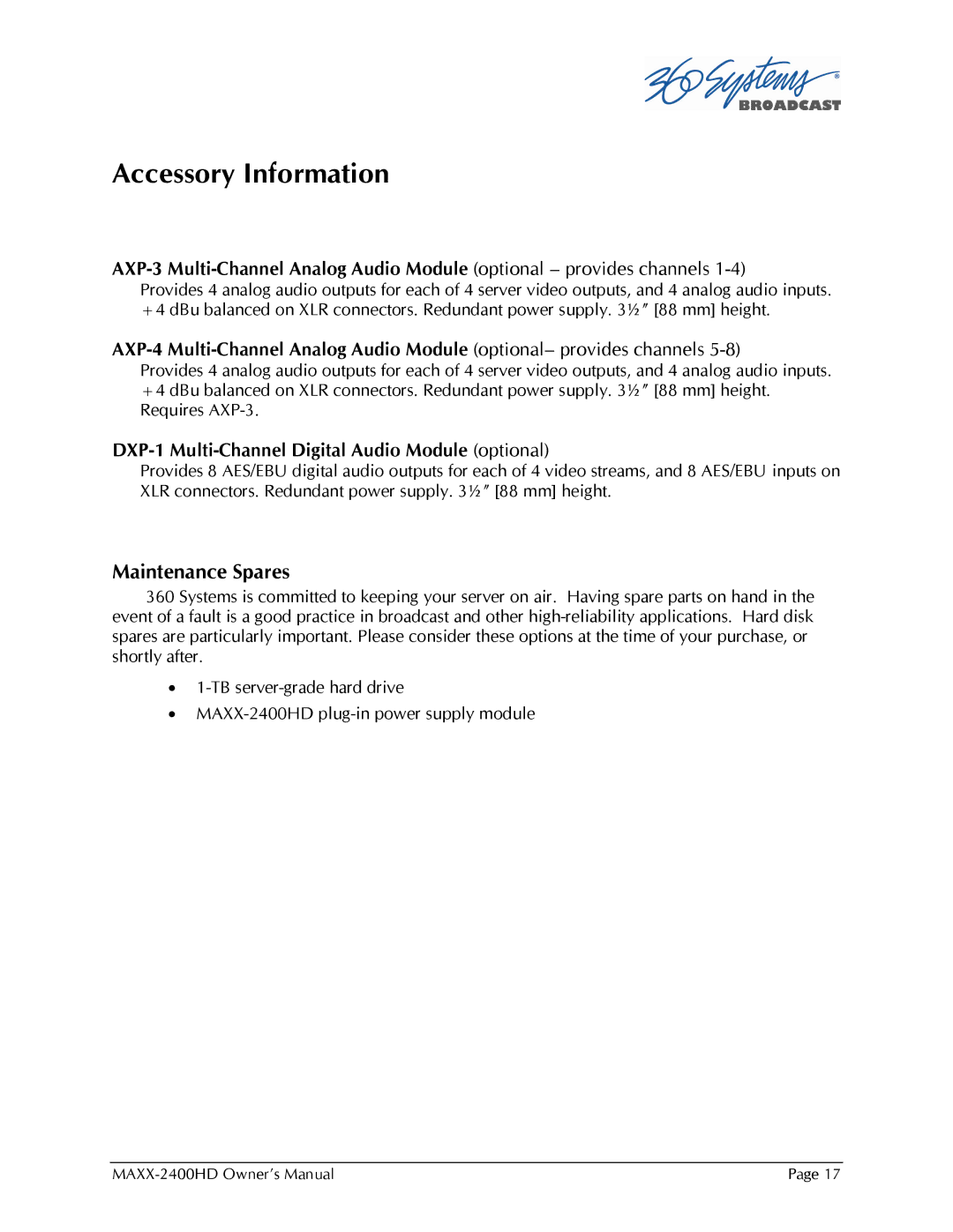 Maxxsonics MAXX-2400HD manual Accessory Information, DXP-1 Multi-Channel Digital Audio Module optional 