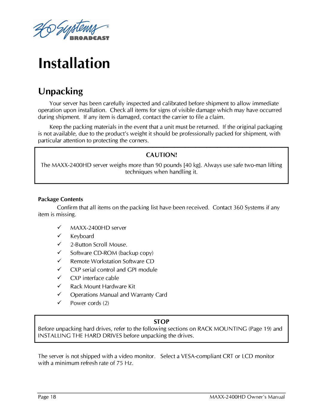 Maxxsonics MAXX-2400HD manual Installation, Unpacking 