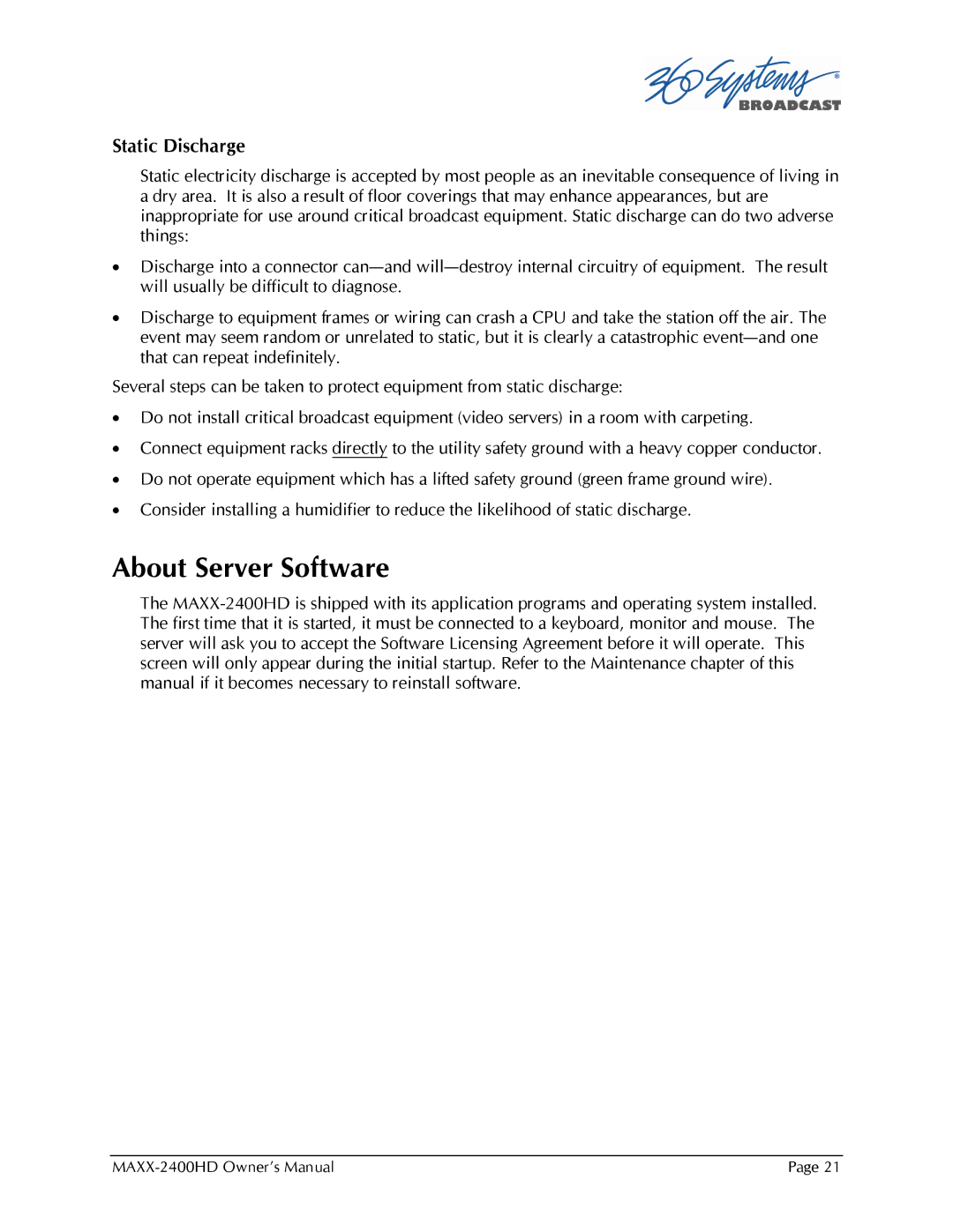 Maxxsonics MAXX-2400HD manual About Server Software, Static Discharge 