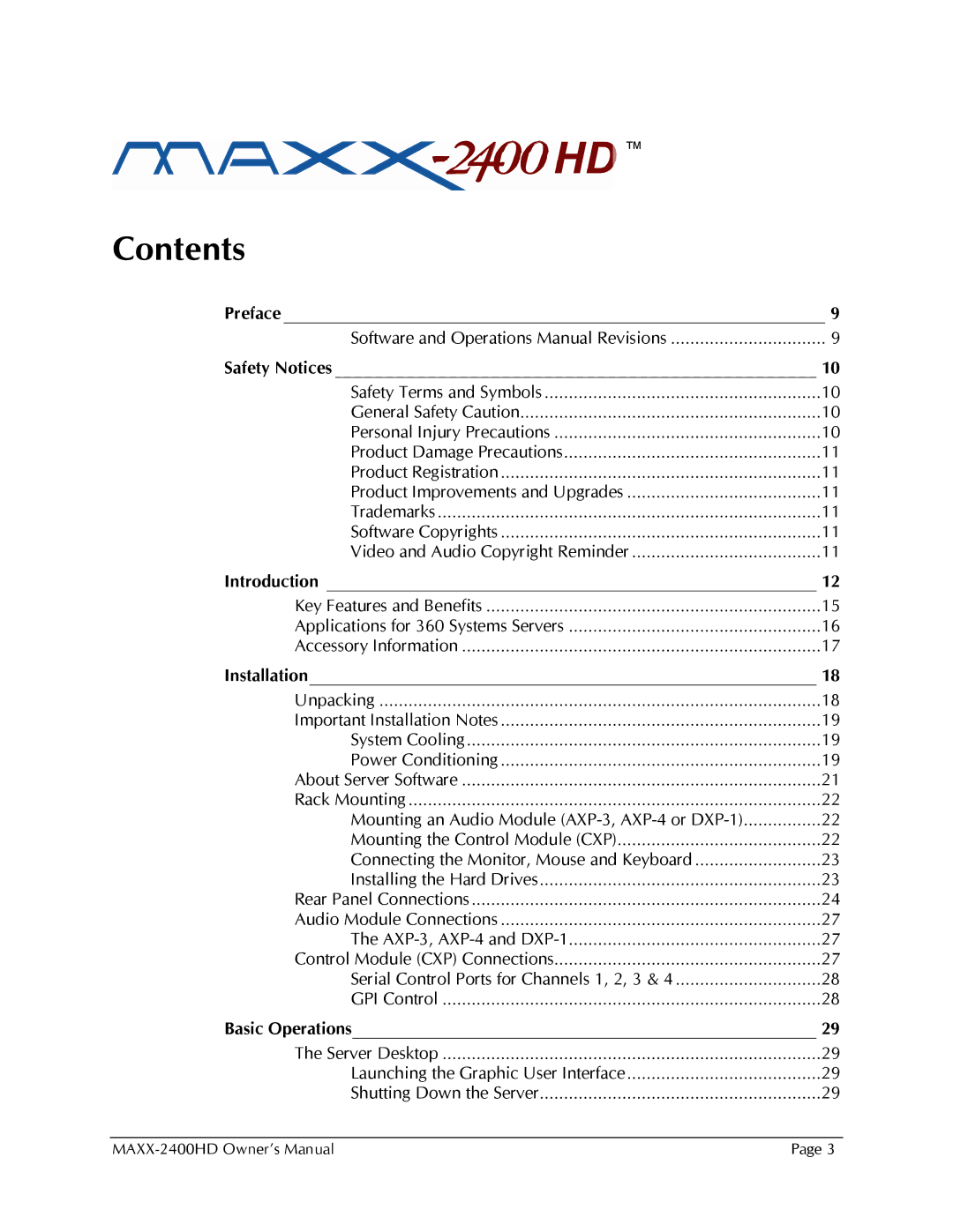 Maxxsonics MAXX-2400HD manual Contents 