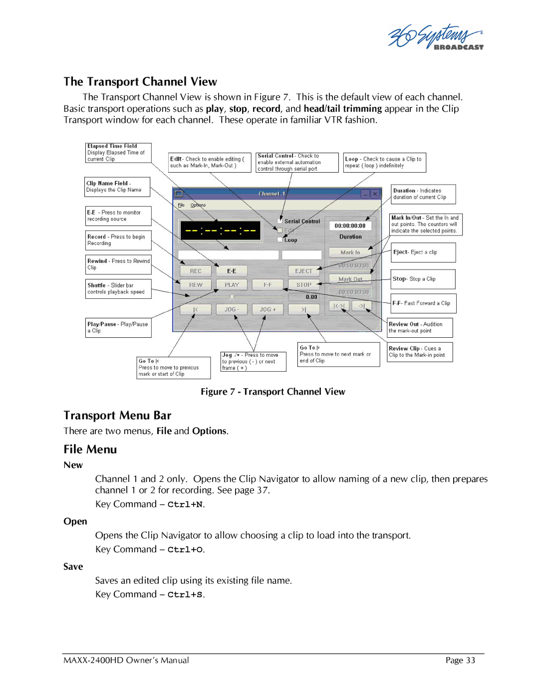 Maxxsonics MAXX-2400HD manual Transport Channel View, Transport Menu Bar, File Menu 