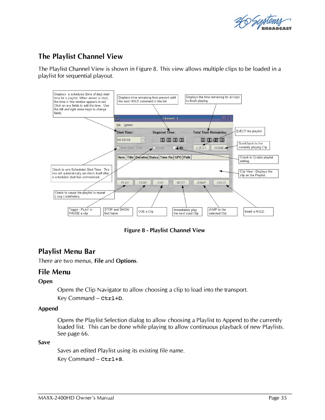 Maxxsonics MAXX-2400HD manual Playlist Channel View, Playlist Menu Bar 