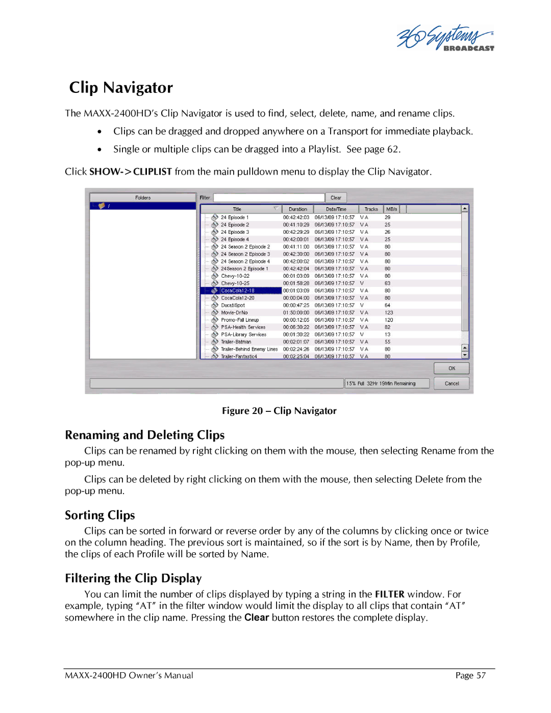 Maxxsonics MAXX-2400HD manual Clip Navigator, Renaming and Deleting Clips, Sorting Clips, Filtering the Clip Display 