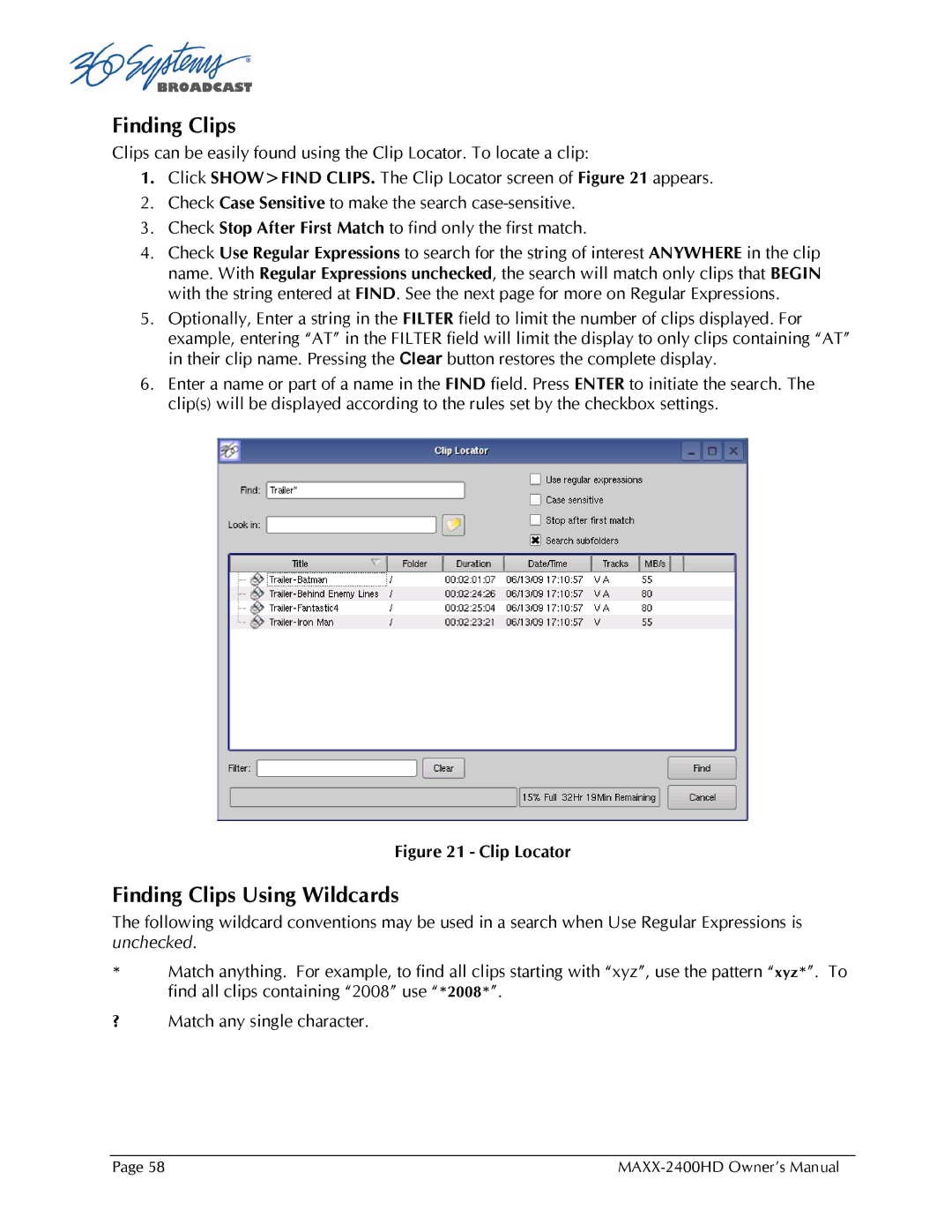 Maxxsonics MAXX-2400HD manual Finding Clips Using Wildcards 