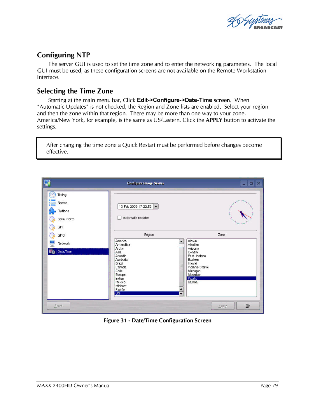 Maxxsonics MAXX-2400HD manual Configuring NTP, Selecting the Time Zone 