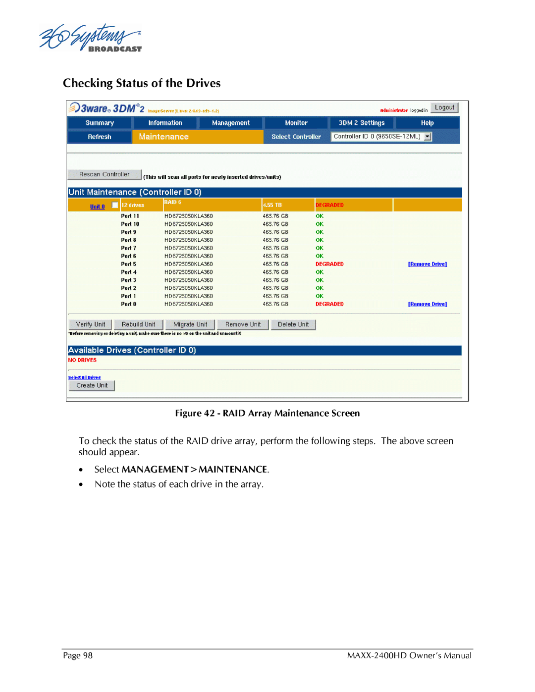 Maxxsonics MAXX-2400HD manual Checking Status of the Drives 