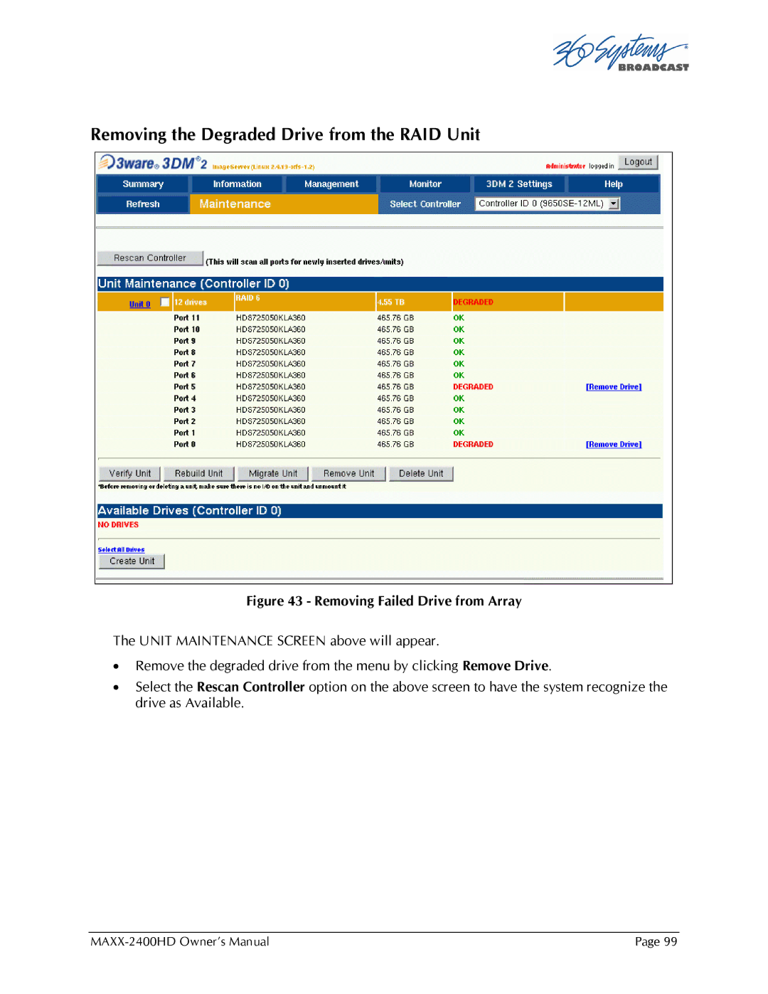 Maxxsonics MAXX-2400HD manual Removing the Degraded Drive from the RAID Unit 