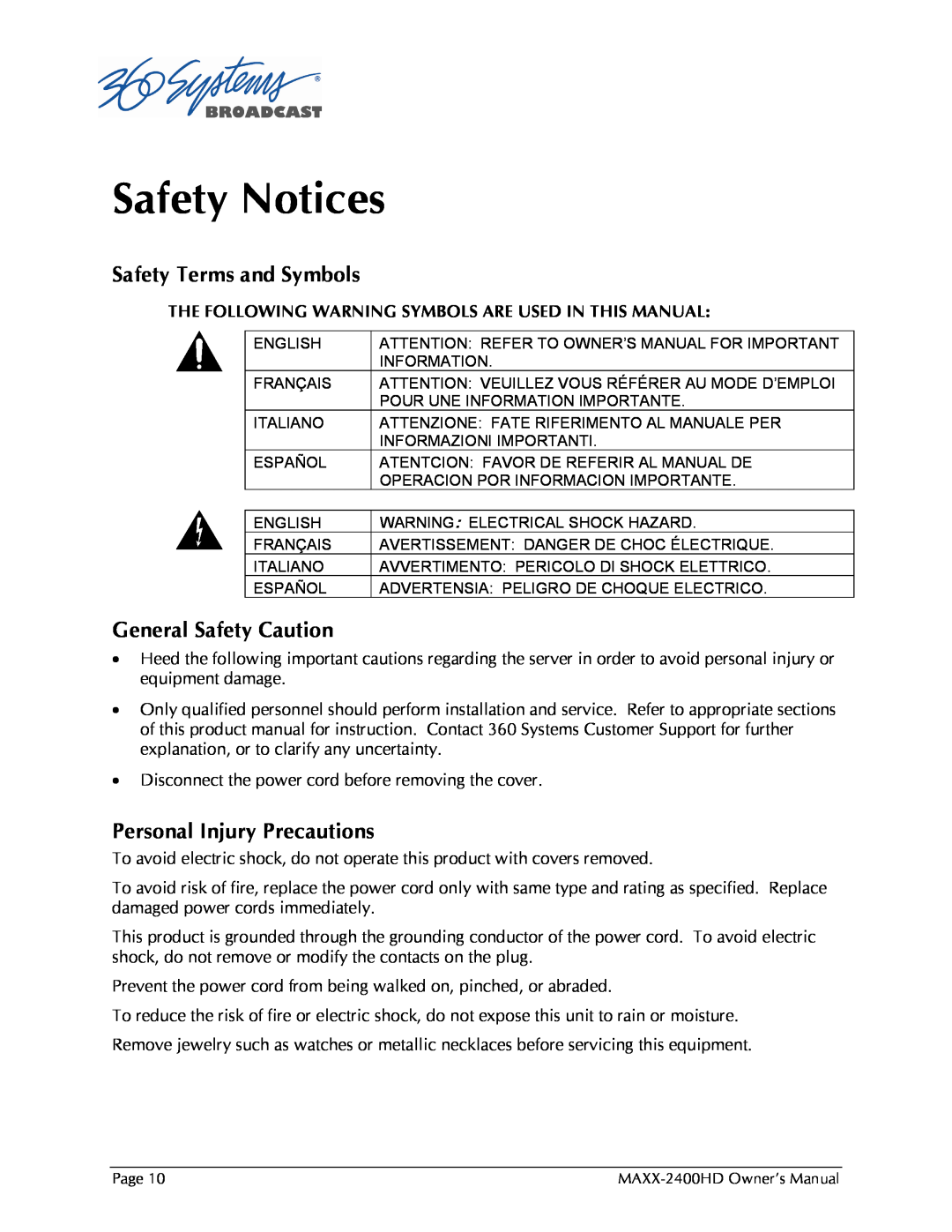 Maxxsonics MAXX-2400HD manual Safety Notices, Safety Terms and Symbols, General Safety Caution, Personal Injury Precautions 