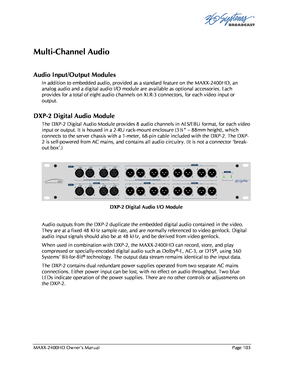 Maxxsonics MAXX-2400HD manual Multi-ChannelAudio, Audio Input/Output Modules, DXP-2Digital Audio Module 