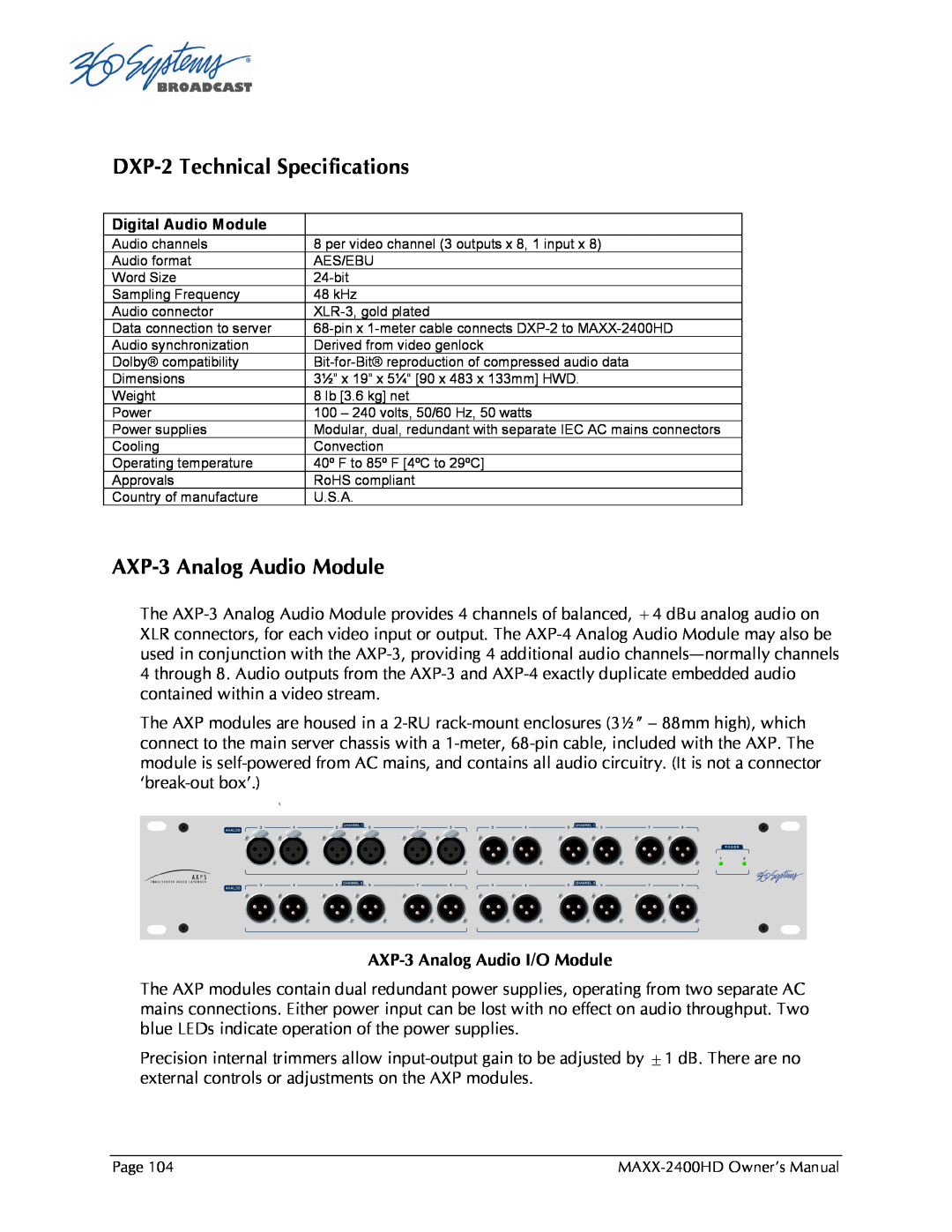 Maxxsonics MAXX-2400HD manual DXP-2Technical Specifications, AXP-3Analog Audio Module 