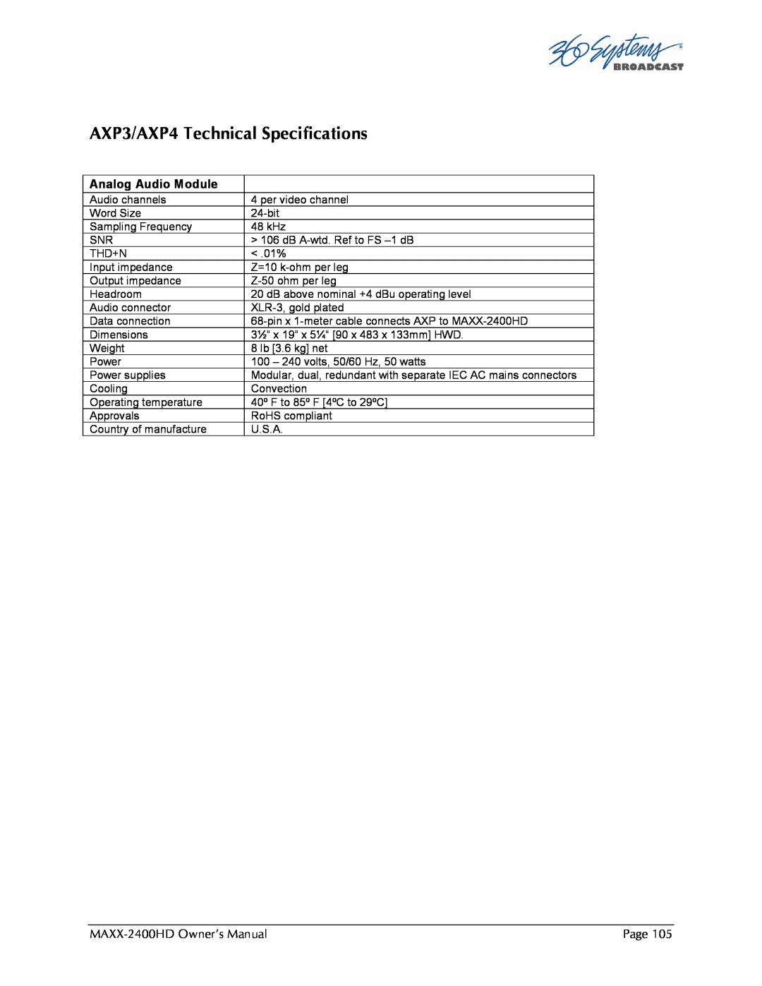 Maxxsonics manual AXP3/AXP4 Technical Specifications, Analog Audio Module, MAXX-2400HDOwner’s Manual 