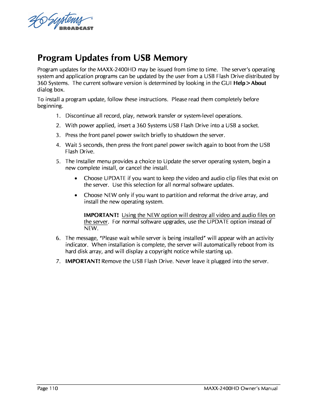 Maxxsonics MAXX-2400HD manual Program Updates from USB Memory 