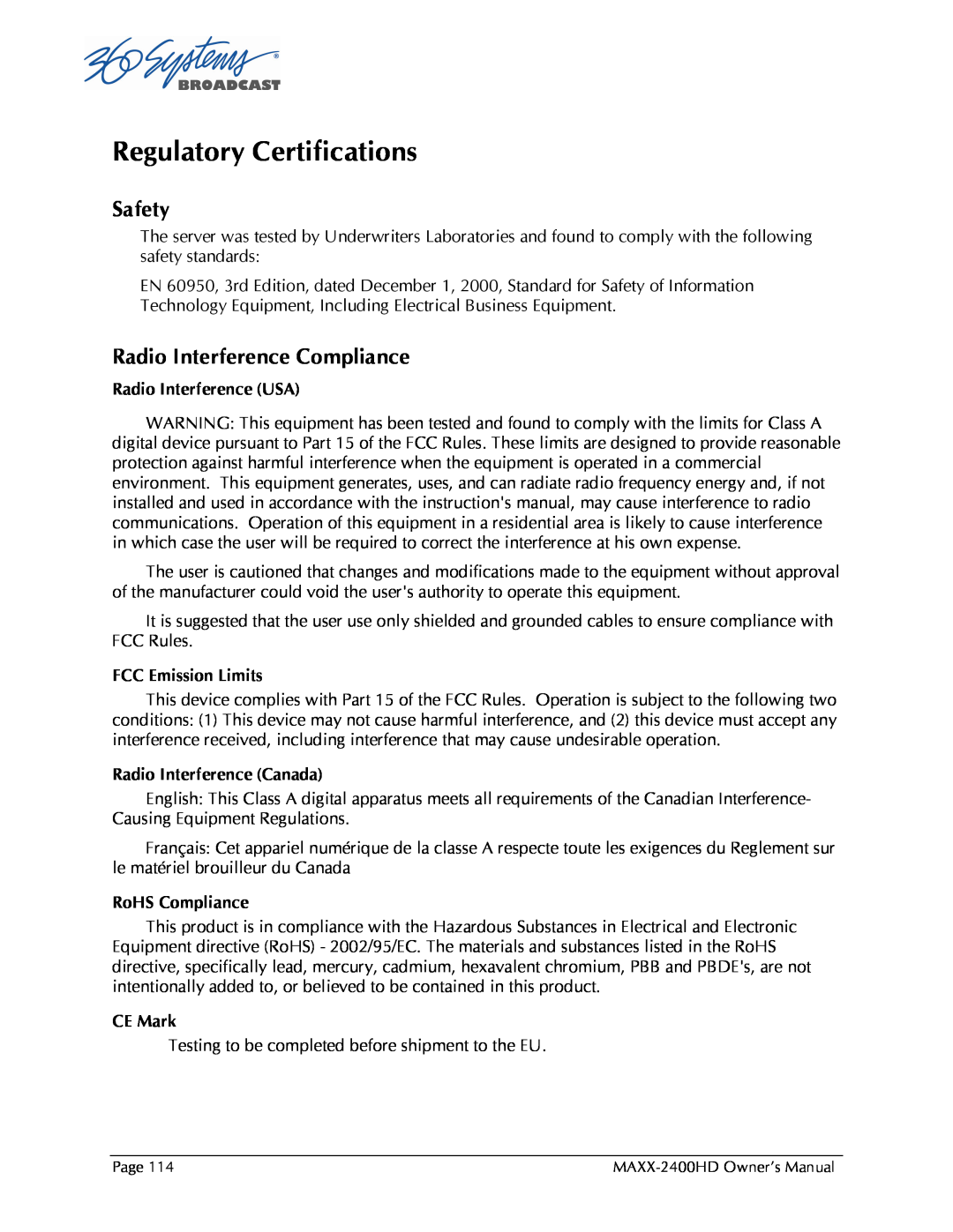 Maxxsonics MAXX-2400HD manual Regulatory Certifications, Safety, Radio Interference Compliance 