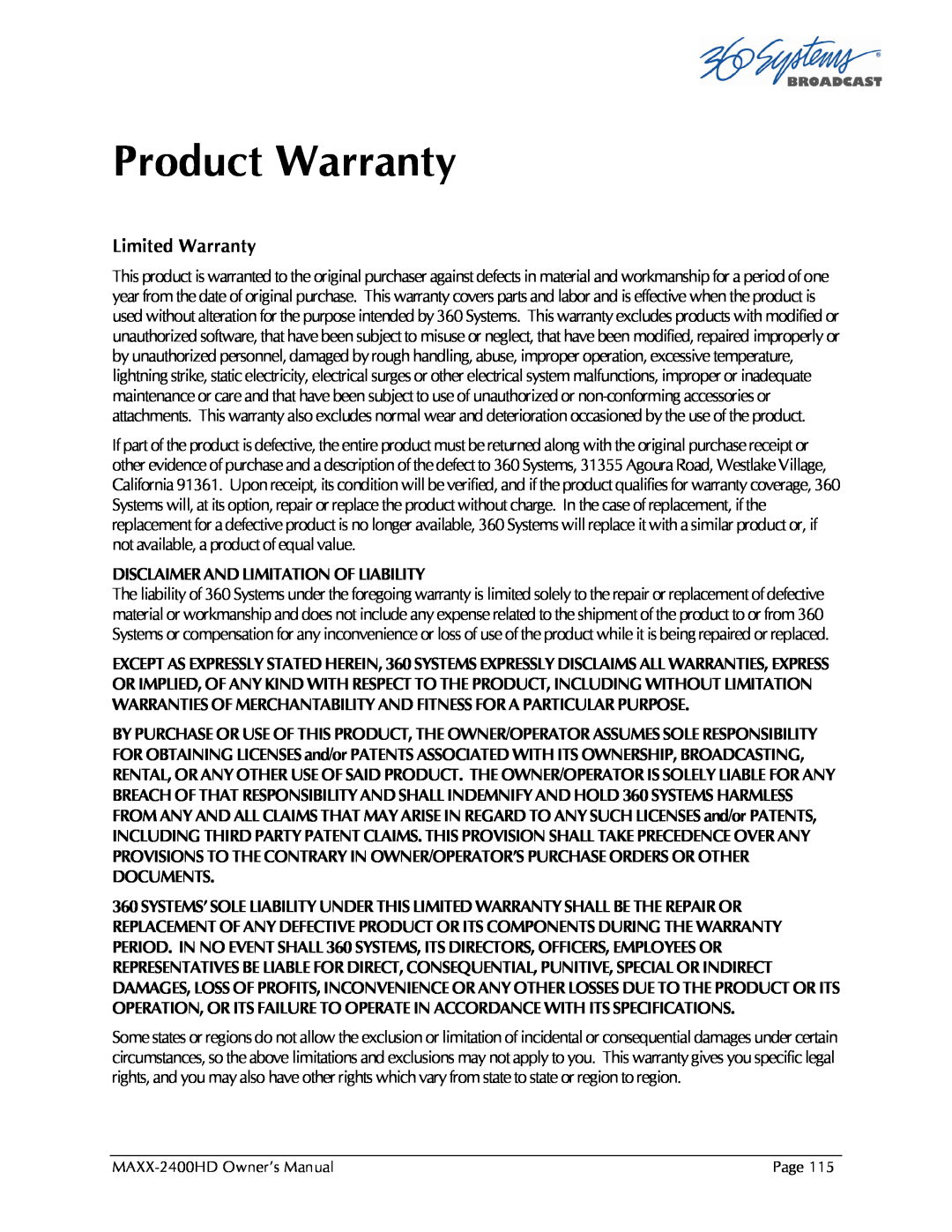 Maxxsonics MAXX-2400HD manual Product Warranty, Limited Warranty 