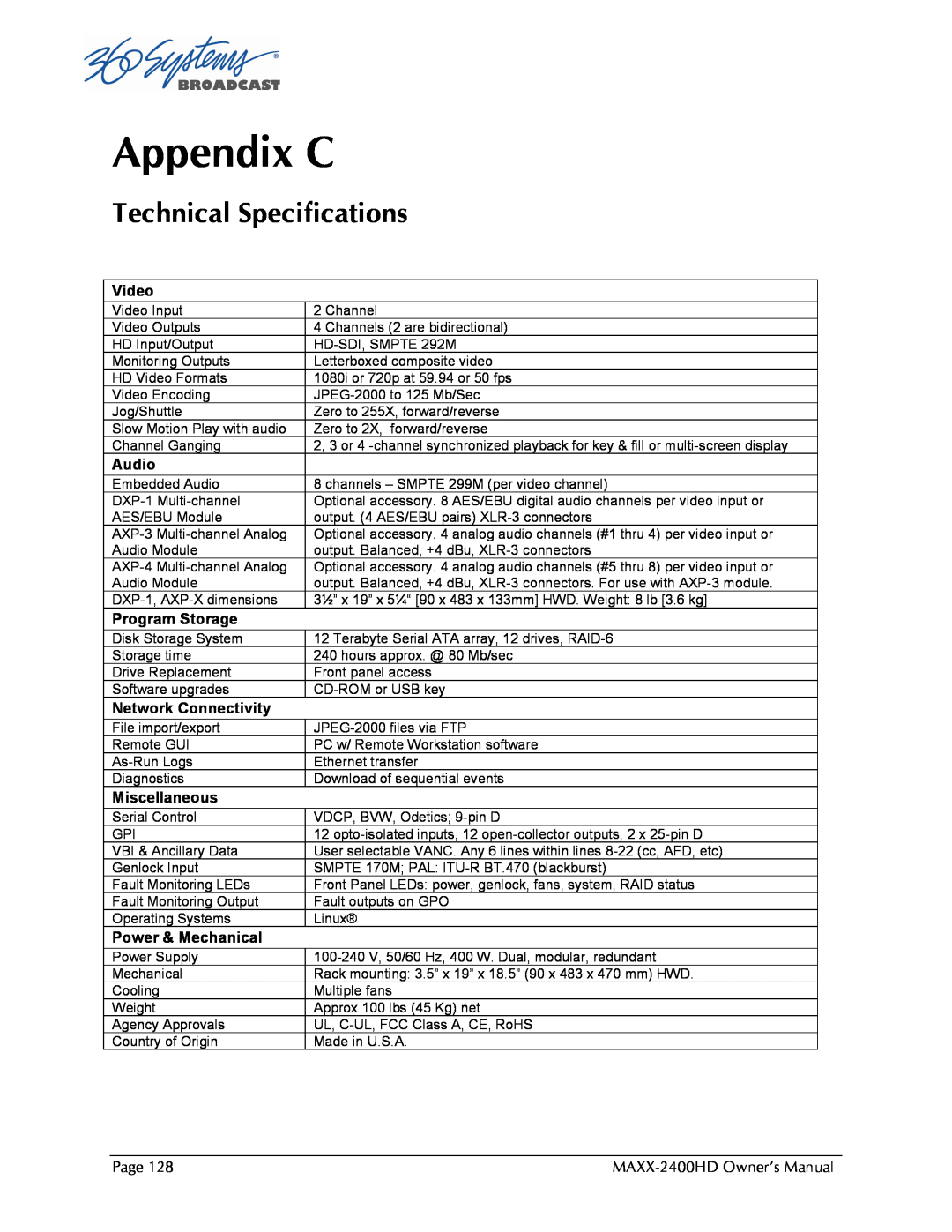 Maxxsonics MAXX-2400HD manual Appendix C, Technical Specifications 