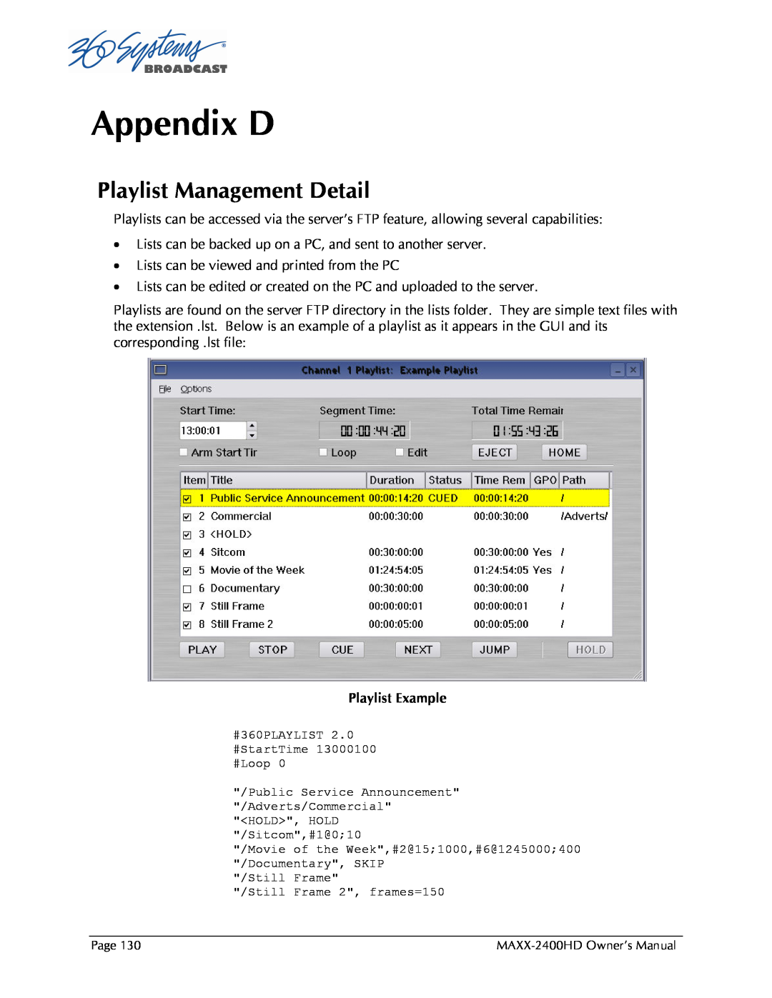 Maxxsonics MAXX-2400HD manual Appendix D, Playlist Management Detail 