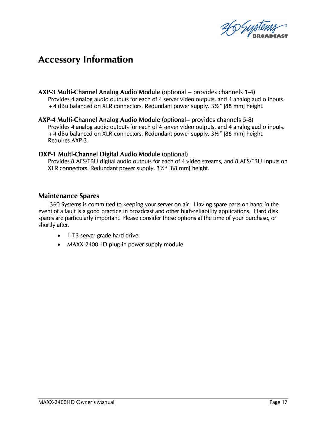 Maxxsonics MAXX-2400HD manual Accessory Information, Maintenance Spares 