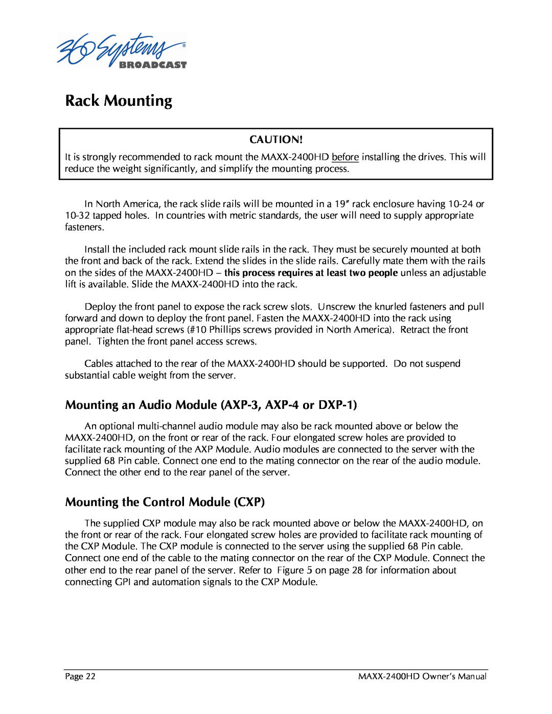 Maxxsonics MAXX-2400HD manual Rack Mounting, Mounting an Audio Module AXP-3, AXP-4or DXP-1, Mounting the Control Module CXP 