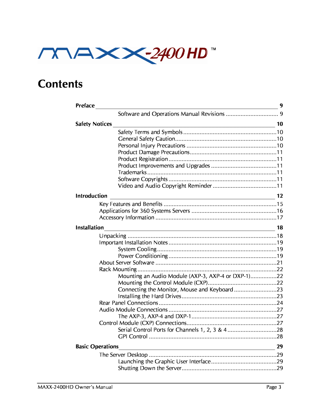 Maxxsonics MAXX-2400HD manual Contents 