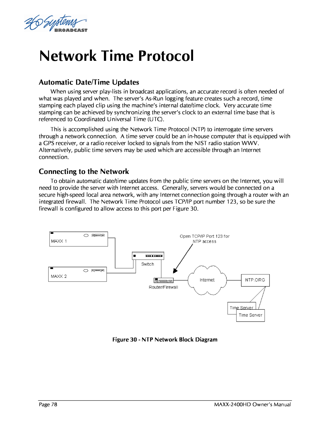 Maxxsonics MAXX-2400HD manual Network Time Protocol, Automatic Date/Time Updates, Connecting to the Network 