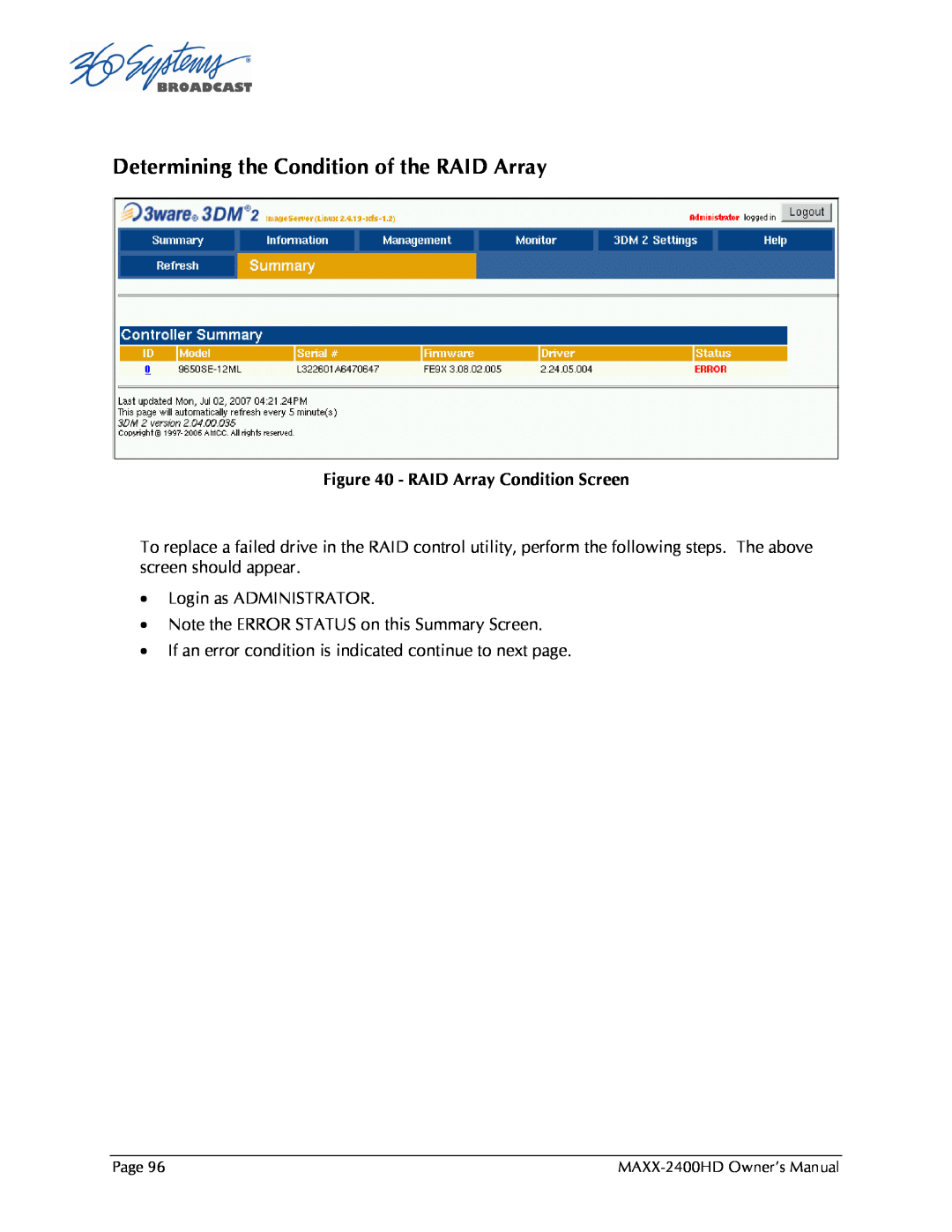 Maxxsonics MAXX-2400HD Determining the Condition of the RAID Array, RAID Array Condition Screen, •Login as ADMINISTRATOR 