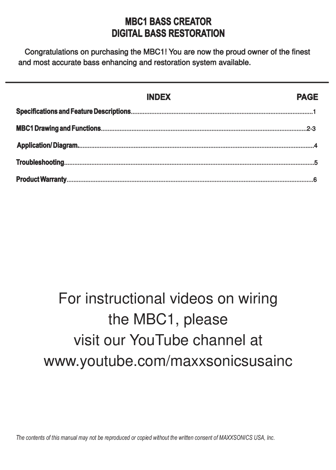 Maxxsonics manual MBC1 Bass Creator Digital Bass Restoration, Index 