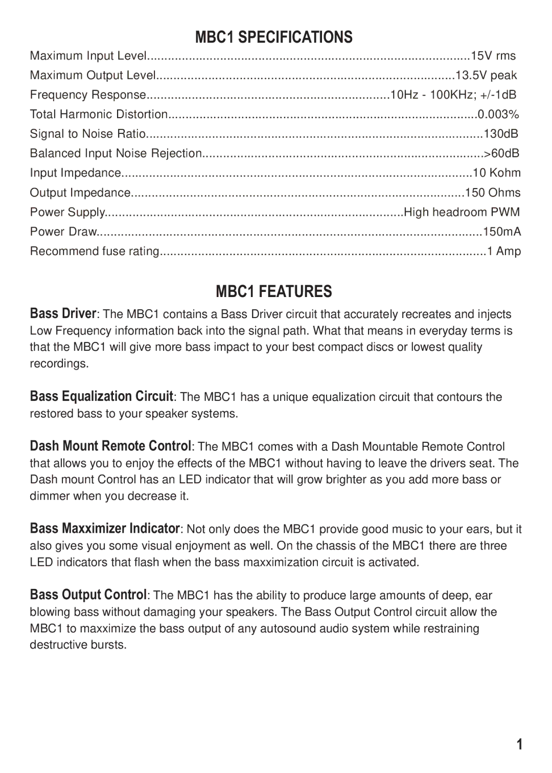 Maxxsonics manual MBC1 Specifications, MBC1 Features 